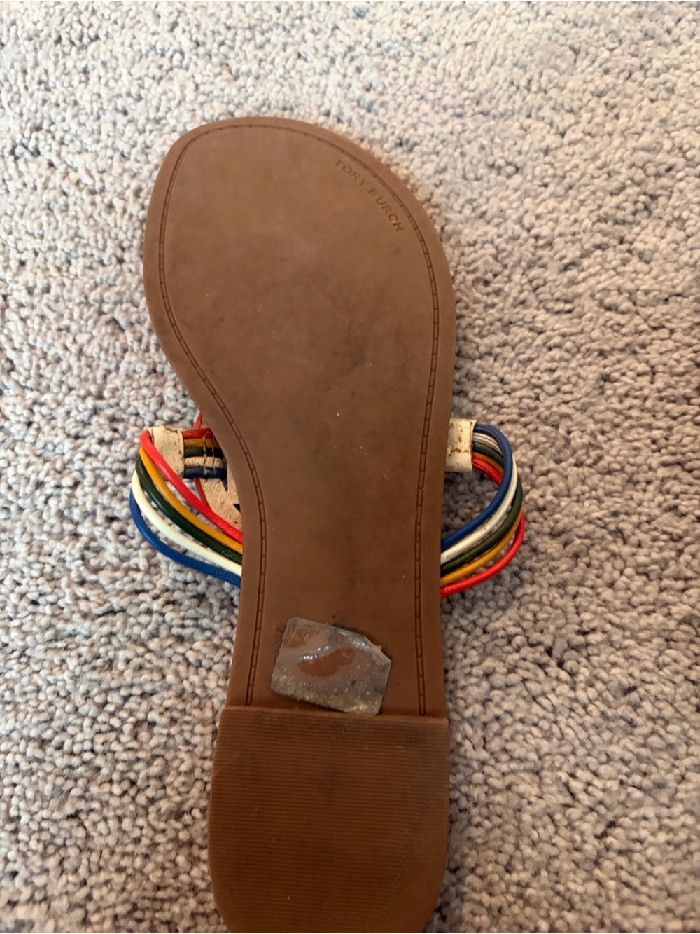 Tory Burch White Leather Sandals with Rainbow Straps and Logo Medallions - Picture 2 of 4